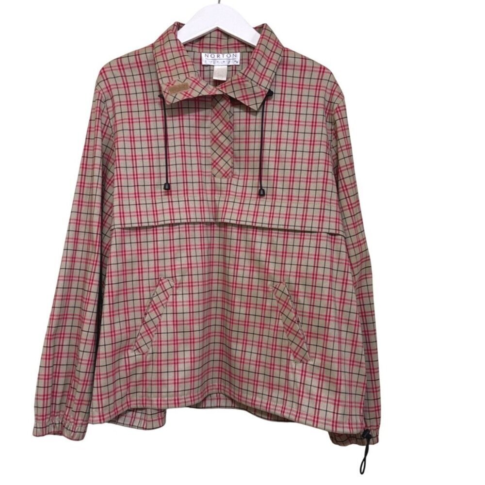 Vintage Norton Studio Plaid Pullover Jacket Red Beige Black Womens Size L
